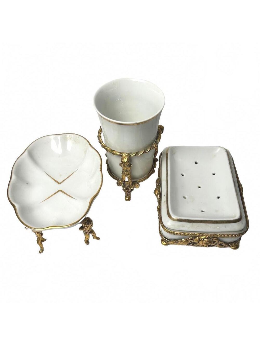 Vintage White Porcelain and Brass Decorative Hollywood Regency Vanity Set
